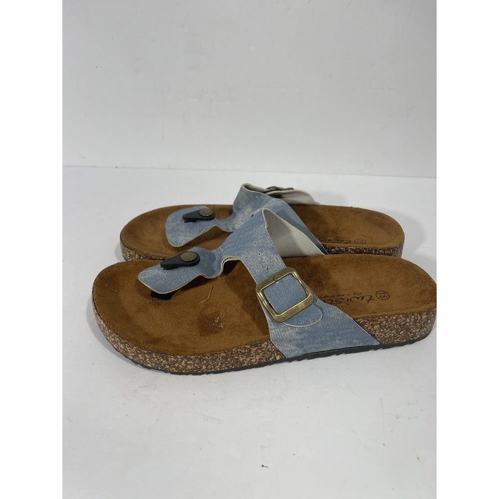 Twisted Blue Denim T-Strap Thong Comfort Sandals Sz‎ 7.5 German Style